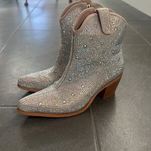 Size 6 Women Rhinestone Cowboy Boots Glitter Chunky Heel Sparkly